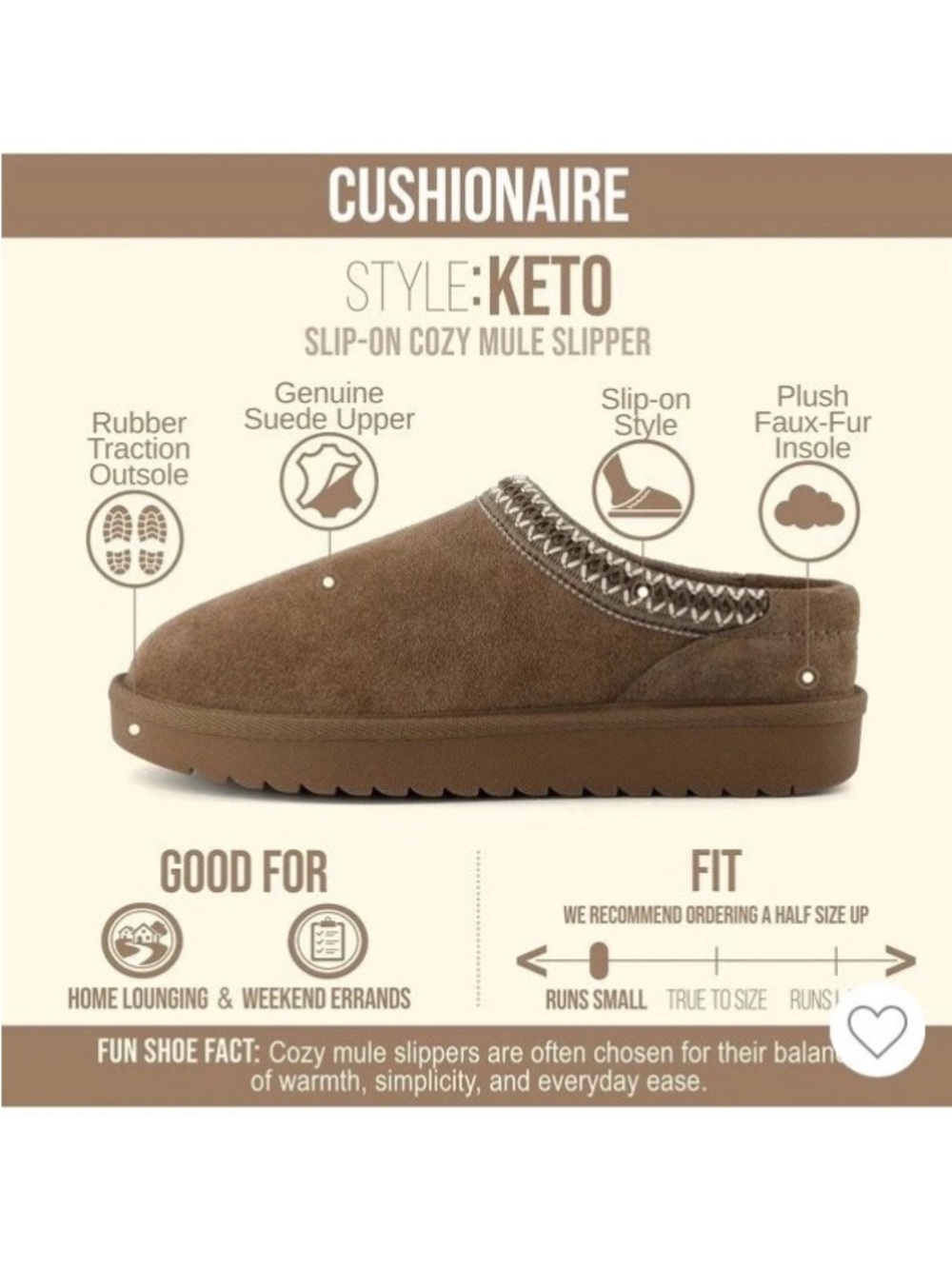 CUSHIONAIRE Women's Keto Slip-On Suede Mule Slipper Cozy Stylish Memory Brown 8. - Picture 2 of 15